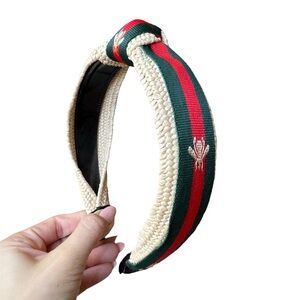 Fashion Raffia Green & Red Stripe Bee Knot Headband
